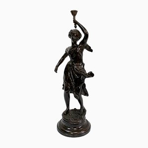 Femme en Bronze avec Torche par Rousseau, Fin du 19ème Siècle