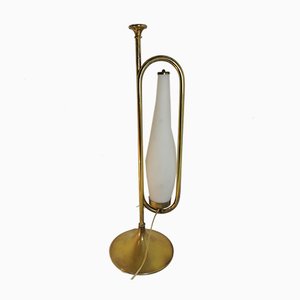 Mid-Century Brass Opal Glass Table Lamp Tromba, Italy, 1950s