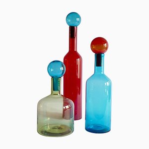 Large Mid-Century Modern Style Red, Blue and Green Murano Glass Bottles, Set of 3