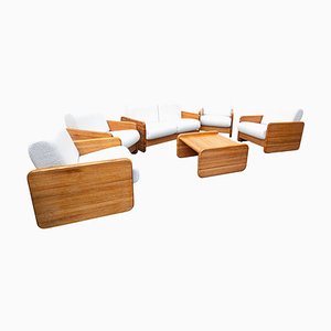 Mid-Century Modern Italian Living Room Set in White Bouclé and Oak, 1960s, Set of 6