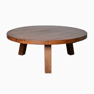 Large French Brutalist Tripod Solid Oak Coffee Table with Round Top