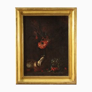 Still Life with Flowers and Fruit, 17th-Century, Oil on Canvas, Framed