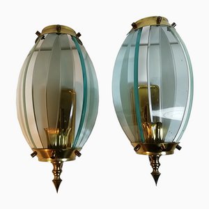 Mid-Century Glass and Brass Sconces, Italy, 1960s, Set of 2