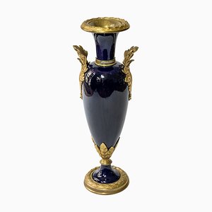 Französische Kobaltblaue Porzellan und Bronze Vase, 1900er