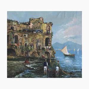 Scognamiglio, Baie de Naples et pêcheurs, 1957, Oil on Canvas, Framed