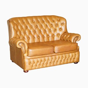 Small Wide Tan Leather Tufted Chesterfield Sofa with High Back