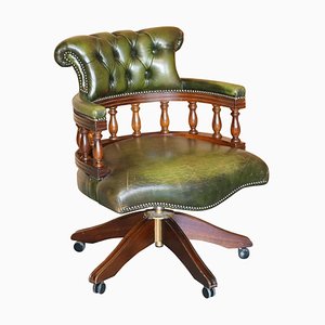 Fully Buttoned Green Leather Captain's Chair