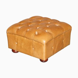 Square Tan or Brown Leather Tufted Chesterfield Footstool