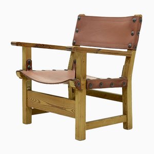 Brutalistischer Sessel aus Kiefernholz & cognacfarbenem Leder, 1960er