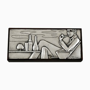 Mid-Century Silver Cigarette Box with Man Smoking a Pipe by Ottaviani, 1960s