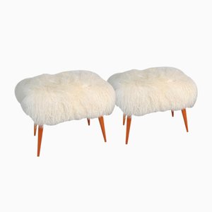 Poufs in White Mongolian Leather, Italy, 1950s, Set of 2