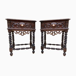 Early 20th Century Spanish Baroque Style Chestnut & Porcelain Nightstands with One Drawer, Set of 2