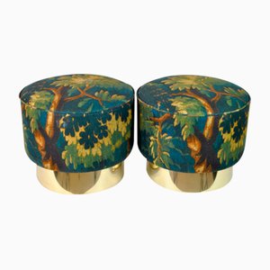 Round Poufs with Brass Bases and New Fabric, Italy, 1970s, Set of 2