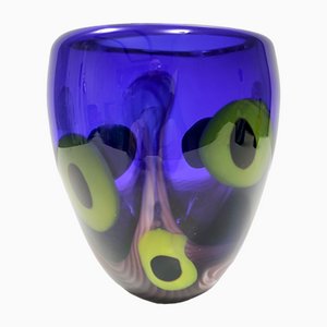 Blue Murano Glass Vase with Chartreuse and Black Spots, Italy, 1980s