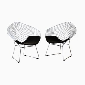 Diamond Armchairs with Chromed Steel Frames & Black Seat Pads by Harry Bertoia, Set of 2