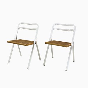 Folding White Frame Occasional Chairs with Blonde Wood and Cane Seats by Giorgio Cattelan for Cidue, Italy, 1970s, Set of 2