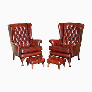 Chesterfield Wingback Bordeaux Leather Armchairs & Footstools, Set of 4