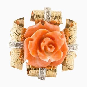 Diamond, Natural Coral & Flower Engraved Rose Gold Fashion Ring