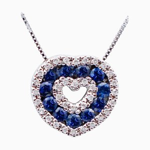 Blue Sapphire, Diamond & 18 Karat White Gold Heart Pendant Necklace