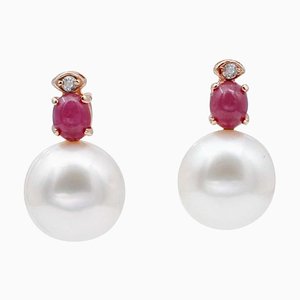 Ruby, Diamond, Baroque Pearl & 14 Karat Rose Gold Stud Earrings, Set of 2