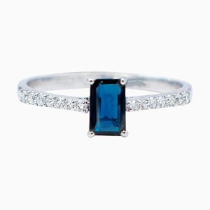 Blue Sapphire, White Diamond & 18 Karat White Gold Ring