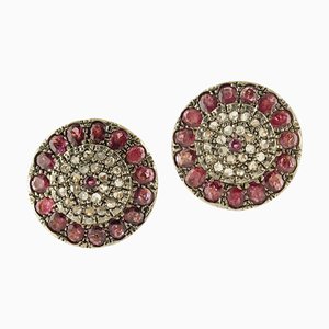 Ruby, Diamond, Rose Gold and Silver Clip-on Earrings, Set of 2