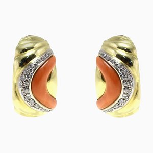 White Diamond, Red Coral & 18K Yellow Gold Clip-on or Stud Earrings, Set of 2