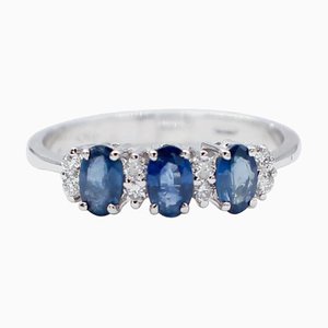 Blauer Saphir, Weißer Diamant & 18 Karat Weißgold Ring