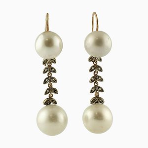 South Sea Pearl, Diamond, 9 Karat Rose Gold and Silver Dangle Earrings, Set of 2