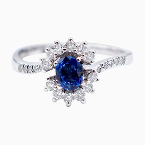 Blue Sapphire, White Diamond & 18 Karat White Gold Engagement Ring