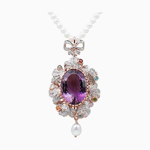 Pearls, Diamonds, Amethyst, Topazes, Peridots, Garnets & Tsavorite Pendant Necklace