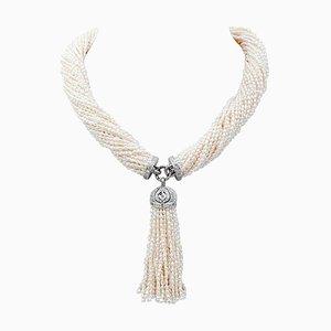 Pearls, Diamonds &14 Karat White Gold Torchon Necklace