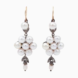 Pearls, Diamonds and 14 Karat Rose Gold & Silver Dangle Earrings