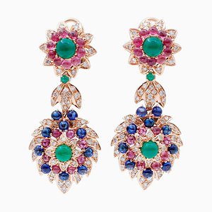 Diamonds, Rubies, Emeralds, Sapphires & 14 Karat Rose Gold Dangle Earrings