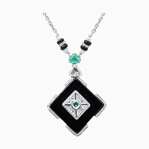 Diamonds, Emeralds, Onyx, Pearls & 14 Karat White Gold Necklace