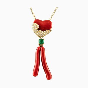 Gold Necklace with Coral Pendant, Diamonds and Emerald