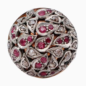 Diamonds, Rubies and 14 Karat Rose Gold & Silver Dome Ring
