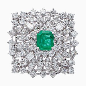 Central Emerald, Diamonds & 18 Karat White Gold Ring