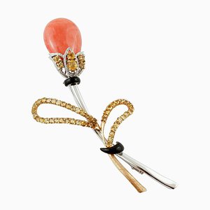 Coral, Diamonds, Onyx, Topazes, Yellow and White Gold Retro Brooch