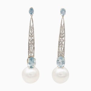 White Pearls, Aquamarines & Diamonds Platinum Dangle Earrings
