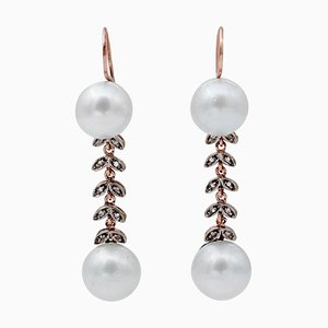 South-Sea Pearls, Diamonds, 9 Karat Rose Gold and Silver Dangle Earrings
