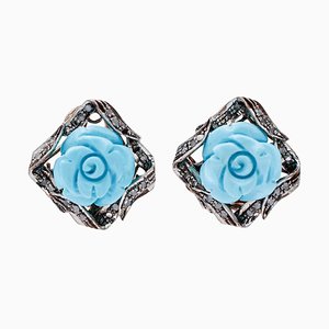 Turquoise, Diamonds, 9 Karat Rose Gold and Silver Stud Earrings