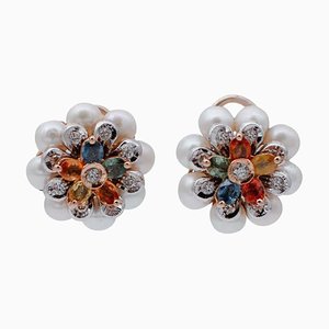 Mehrfarbige Blumenohrringe aus 14 Karat Weiß- und Roségold mit Saphiren, Diamanten, Perlen