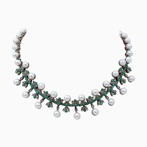 Diamonds, Emeralds, Pearls, 9 Karat Rose Gold and Silver Necklace