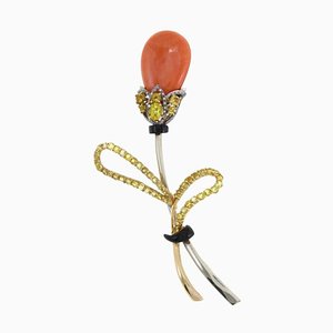 Diamonds, Sapphires, Topazes, Onyx, Orange/Red Coral, White and Rose Gold Tulip Brooch