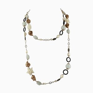 Halskette aus Onyx, Milch-Aquamarin, Perlen, hellrosa Quarz, Roségold und Silber