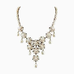 Handcrafted Flower-Shaped Diamonds, White Pearls, 9 Karat Rose Gold and Silver Beaded Drop Necklace