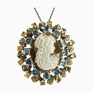 Cameo, Blue and Yellow Topazes, Diamonds, 9 Karat Gold and Silver Pendant/Brooch