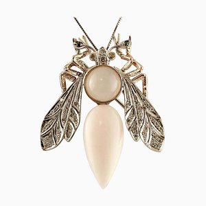 Dragonfly-Shaped Pink Coral Drop, Diamonds, Moonstone, White and Rose Gold Brooch