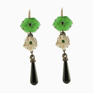 Ancient Handcrafted Diamonds, Blue Sapphires, Emeralds, Onyx, Green Agate and Mother of Pearl Earrings